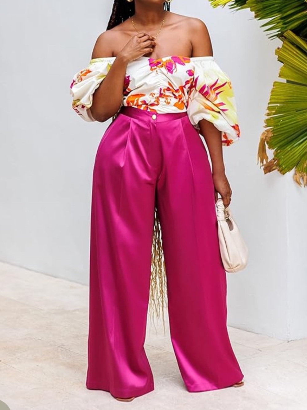 Tenickab Amazon The Women's Satin Wide-Leg Pants with Floral-Print Overlay top